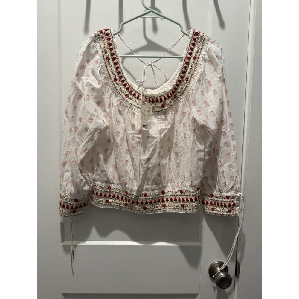NWT Anthropologie Women's Small White Beaded Boho Cotton Lightweight Blouse